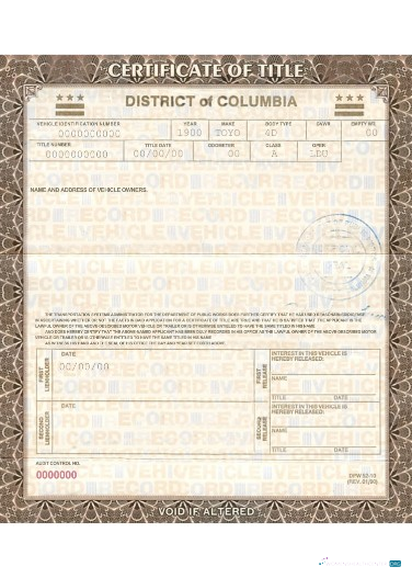 Download Columbia vehicle registration certificate Photoshop template